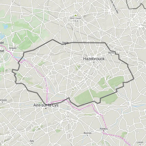 Map miniature of "Vieux-Berquin Loop" cycling inspiration in Nord-Pas de Calais, France. Generated by Tarmacs.app cycling route planner