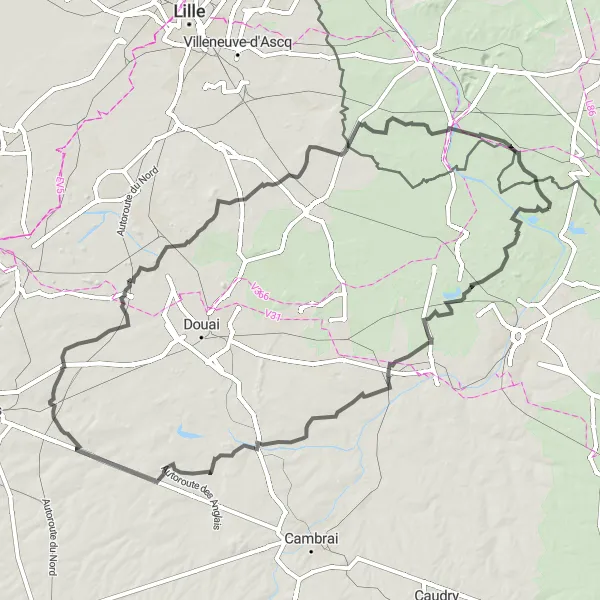 Miniature de la carte de l'inspiration cycliste "Les Monts du Nord" dans la Nord-Pas de Calais, France. Générée par le planificateur d'itinéraire cycliste Tarmacs.app