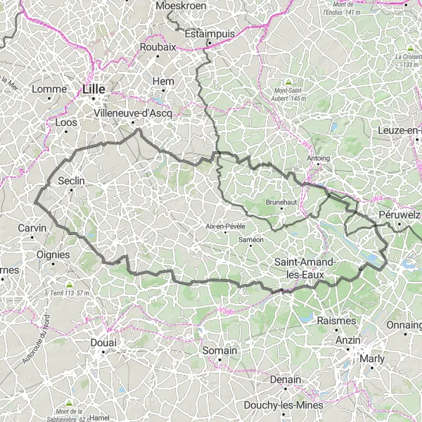 Map miniature of "The Ancient Battlefields and Charming Villages of Nord-Pas de Calais" cycling inspiration in Nord-Pas de Calais, France. Generated by Tarmacs.app cycling route planner