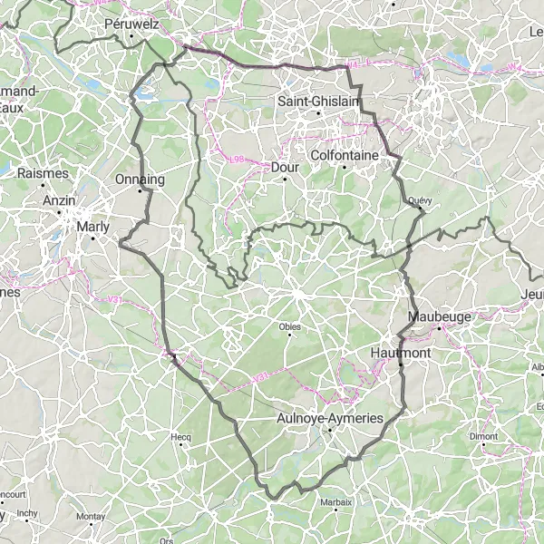 Miniature de la carte de l'inspiration cycliste "Grand tour panoramique au départ de Vieux-Condé" dans la Nord-Pas de Calais, France. Générée par le planificateur d'itinéraire cycliste Tarmacs.app