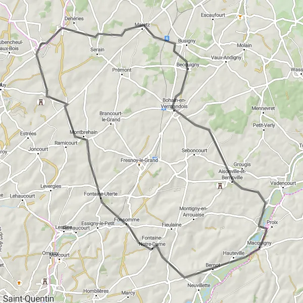 Map miniature of "The Countryside Adventure" cycling inspiration in Nord-Pas de Calais, France. Generated by Tarmacs.app cycling route planner