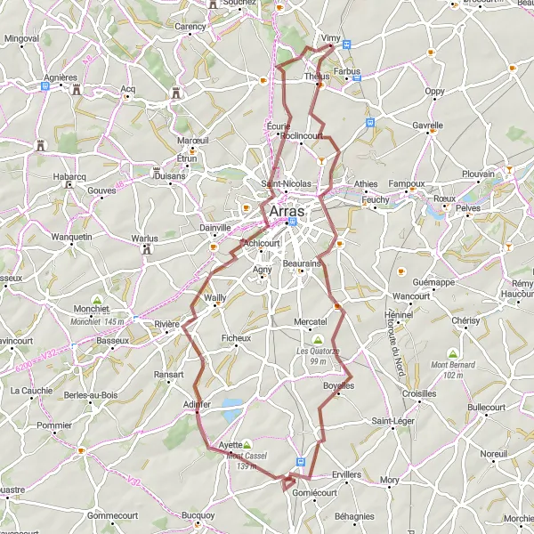 Map miniature of "Gravel Adventure to Le Petit Vimy" cycling inspiration in Nord-Pas de Calais, France. Generated by Tarmacs.app cycling route planner