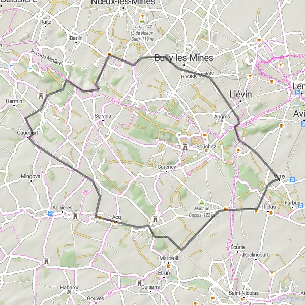 Map miniature of "Road Cycling Exploration: Vimy and Surroundings" cycling inspiration in Nord-Pas de Calais, France. Generated by Tarmacs.app cycling route planner