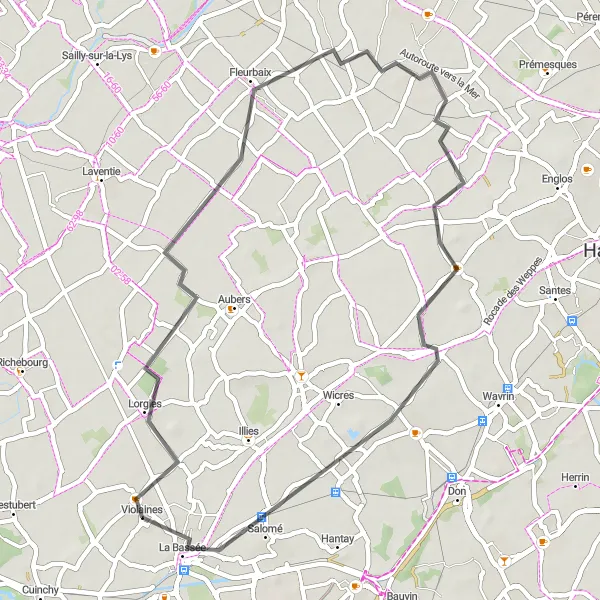 Map miniature of "Scenic Ride to Beaucamps-Ligny" cycling inspiration in Nord-Pas de Calais, France. Generated by Tarmacs.app cycling route planner