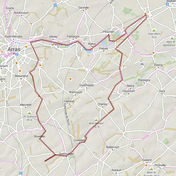 Miniature de la carte de l'inspiration cycliste "Les Chemins de l'Artois" dans la Nord-Pas de Calais, France. Générée par le planificateur d'itinéraire cycliste Tarmacs.app