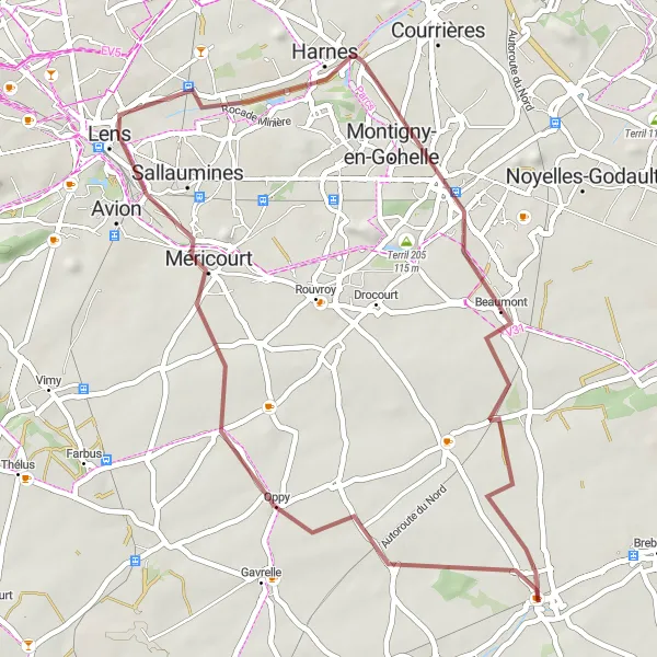 Miniature de la carte de l'inspiration cycliste "Les Sentiers de l'Artois" dans la Nord-Pas de Calais, France. Générée par le planificateur d'itinéraire cycliste Tarmacs.app