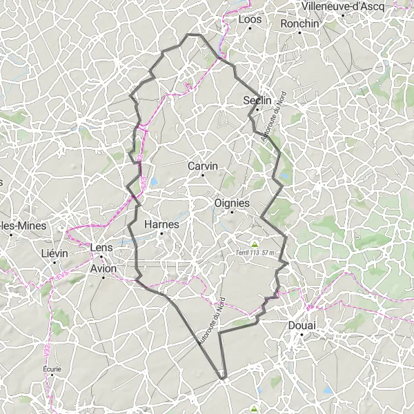 Miniature de la carte de l'inspiration cycliste "La Campagne Lensoise" dans la Nord-Pas de Calais, France. Générée par le planificateur d'itinéraire cycliste Tarmacs.app