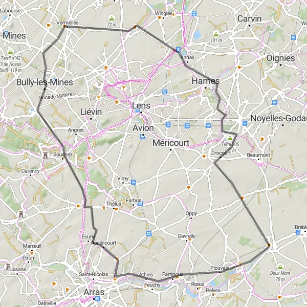 Miniature de la carte de l'inspiration cycliste "Les Terrils de l'Artois" dans la Nord-Pas de Calais, France. Générée par le planificateur d'itinéraire cycliste Tarmacs.app