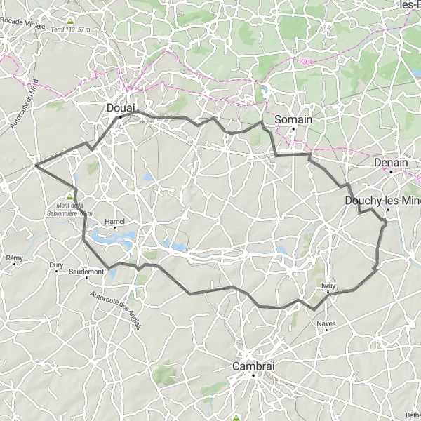Map miniature of "Gentle Ride through Nord-Pas de Calais" cycling inspiration in Nord-Pas de Calais, France. Generated by Tarmacs.app cycling route planner