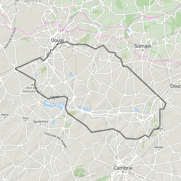 Miniature de la carte de l'inspiration cycliste "Le Chemin des Châteaux" dans la Nord-Pas de Calais, France. Générée par le planificateur d'itinéraire cycliste Tarmacs.app