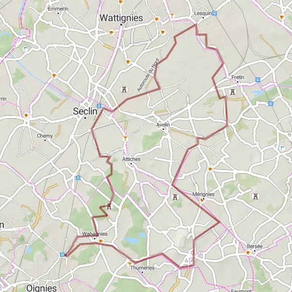 Miniature de la carte de l'inspiration cycliste "Excursion à Seclin et Mérignies" dans la Nord-Pas de Calais, France. Générée par le planificateur d'itinéraire cycliste Tarmacs.app