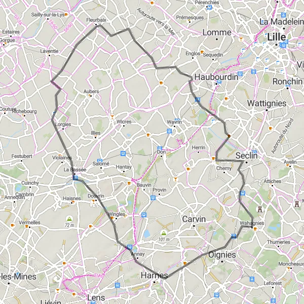 Map miniature of "A Road Adventure through the Nord-Pas de Calais Countryside" cycling inspiration in Nord-Pas de Calais, France. Generated by Tarmacs.app cycling route planner