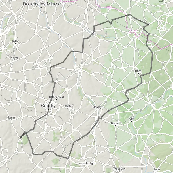 Miniature de la carte de l'inspiration cycliste "Le circuit routier de Caullery à Élincourt" dans la Nord-Pas de Calais, France. Générée par le planificateur d'itinéraire cycliste Tarmacs.app