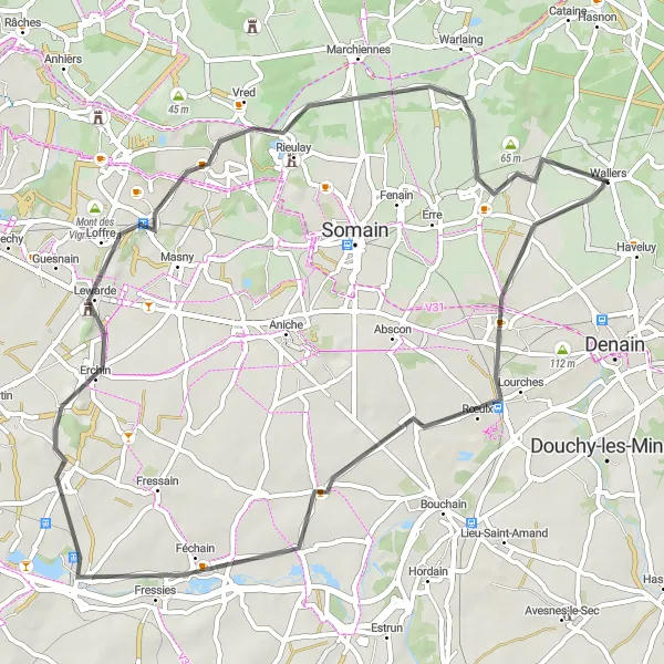 Map miniature of "Road to Montigny-en-Ostrevent" cycling inspiration in Nord-Pas de Calais, France. Generated by Tarmacs.app cycling route planner