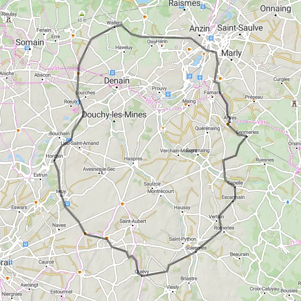 Miniature de la carte de l'inspiration cycliste "Boucle des Villages du Nord" dans la Nord-Pas de Calais, France. Générée par le planificateur d'itinéraire cycliste Tarmacs.app