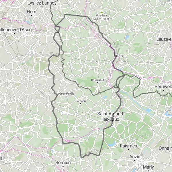 Map miniature of "Nord-Pas de Calais Explorer: A Road Trip full of Surprises" cycling inspiration in Nord-Pas de Calais, France. Generated by Tarmacs.app cycling route planner