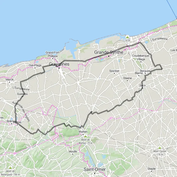 Map miniature of "The Eringhem Warhem Expedition" cycling inspiration in Nord-Pas de Calais, France. Generated by Tarmacs.app cycling route planner