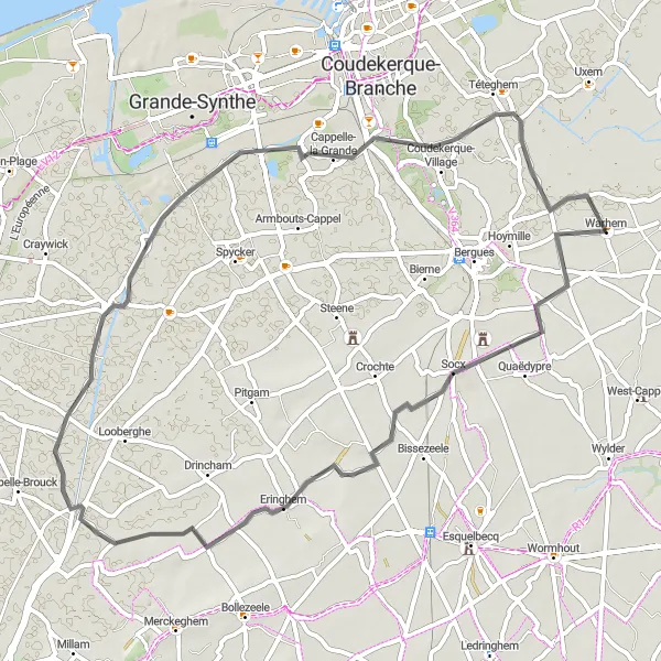 Map miniature of "Warhem to Socx Loop" cycling inspiration in Nord-Pas de Calais, France. Generated by Tarmacs.app cycling route planner