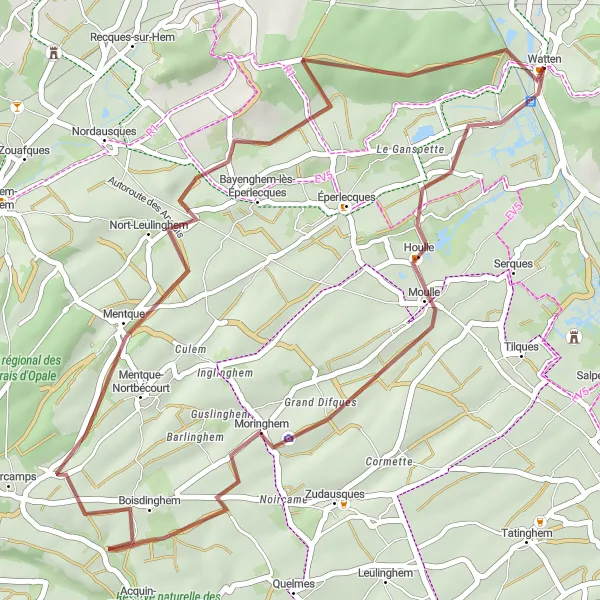Miniature de la carte de l'inspiration cycliste "Escapade à Boisdinghem et Nort-Leulinghem" dans la Nord-Pas de Calais, France. Générée par le planificateur d'itinéraire cycliste Tarmacs.app