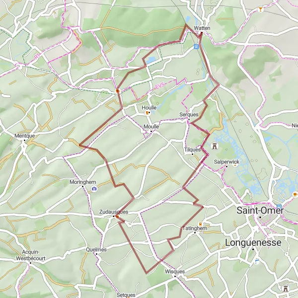 Miniature de la carte de l'inspiration cycliste "Circuit de Tilques et Zudausques" dans la Nord-Pas de Calais, France. Générée par le planificateur d'itinéraire cycliste Tarmacs.app