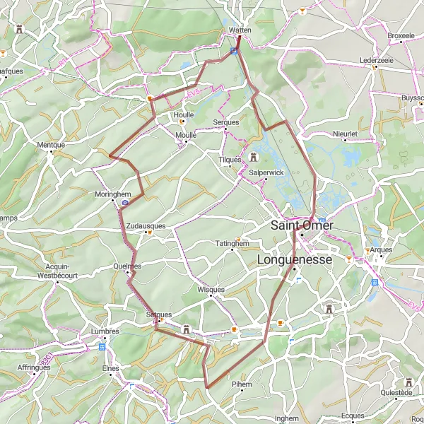 Miniature de la carte de l'inspiration cycliste "Circuit Gravel Mont de Watten" dans la Nord-Pas de Calais, France. Générée par le planificateur d'itinéraire cycliste Tarmacs.app