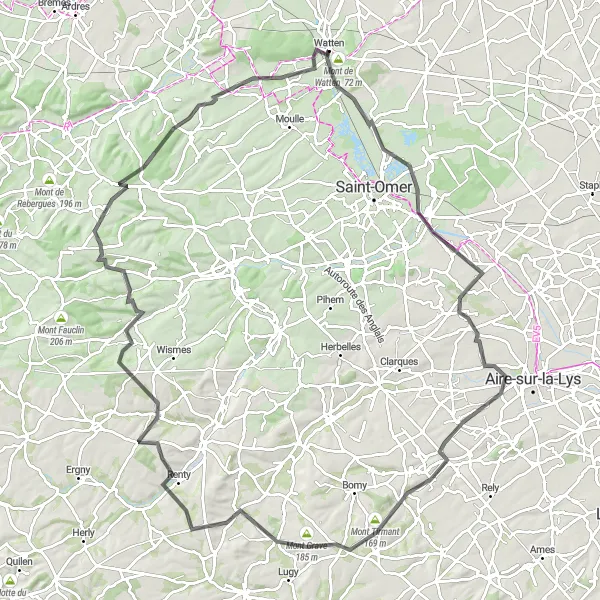 Miniature de la carte de l'inspiration cycliste "Boucle du Mont de Watten et Monts avoisinants" dans la Nord-Pas de Calais, France. Générée par le planificateur d'itinéraire cycliste Tarmacs.app
