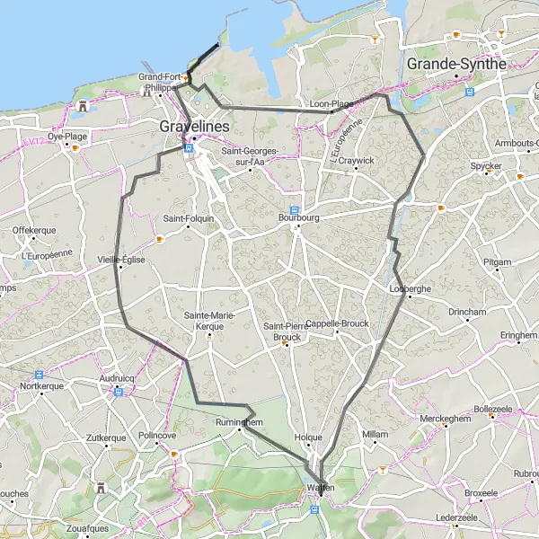 Miniature de la carte de l'inspiration cycliste "Route Road Holque - Mont de Watten" dans la Nord-Pas de Calais, France. Générée par le planificateur d'itinéraire cycliste Tarmacs.app