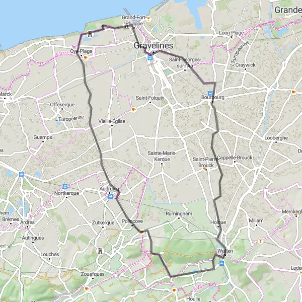 Miniature de la carte de l'inspiration cycliste "Itinéraire Road Mont de Watten" dans la Nord-Pas de Calais, France. Générée par le planificateur d'itinéraire cycliste Tarmacs.app