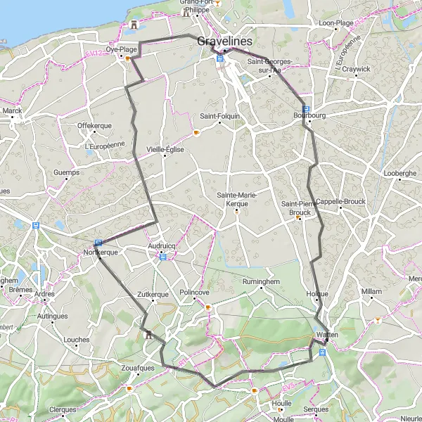 Miniature de la carte de l'inspiration cycliste "Tour de Mont de Watten" dans la Nord-Pas de Calais, France. Générée par le planificateur d'itinéraire cycliste Tarmacs.app