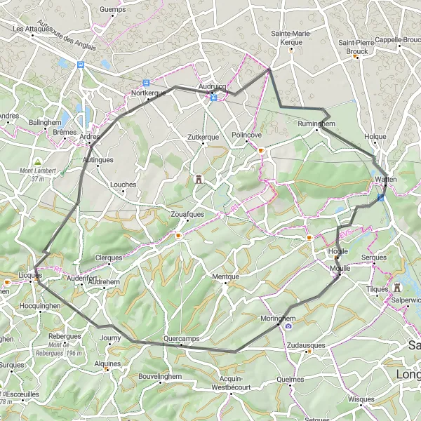 Miniature de la carte de l'inspiration cycliste "Boucle Road Mont de Watten" dans la Nord-Pas de Calais, France. Générée par le planificateur d'itinéraire cycliste Tarmacs.app