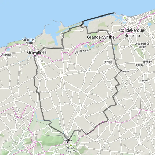 Miniature de la carte de l'inspiration cycliste "Tour Road Ruminghem - Mont de Watten" dans la Nord-Pas de Calais, France. Générée par le planificateur d'itinéraire cycliste Tarmacs.app