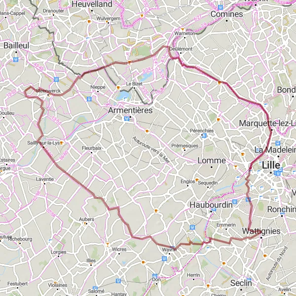 Map miniature of "Gravel Loop from Wattignies" cycling inspiration in Nord-Pas de Calais, France. Generated by Tarmacs.app cycling route planner