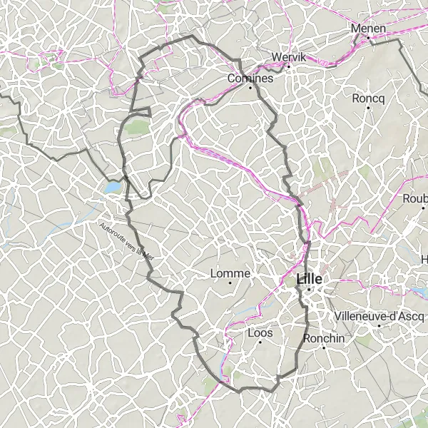 Miniature de la carte de l'inspiration cycliste "Aventure à Santes, Armentières, Comines-Warneton, Wambrechies et Wattignies" dans la Nord-Pas de Calais, France. Générée par le planificateur d'itinéraire cycliste Tarmacs.app