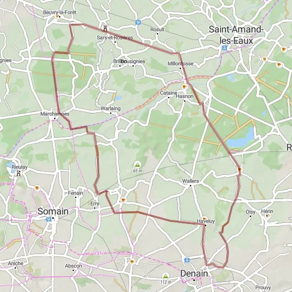 Map miniature of "Wavrechain-sous-Denain to Bellaing Gravel Loop" cycling inspiration in Nord-Pas de Calais, France. Generated by Tarmacs.app cycling route planner