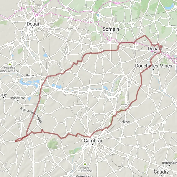 Map miniature of "Scenic Iwuy Gravel Route" cycling inspiration in Nord-Pas de Calais, France. Generated by Tarmacs.app cycling route planner