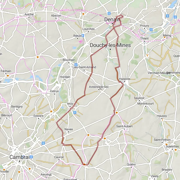 Map miniature of "Wavrechain-sous-Denain to Denain Gravel Loop" cycling inspiration in Nord-Pas de Calais, France. Generated by Tarmacs.app cycling route planner