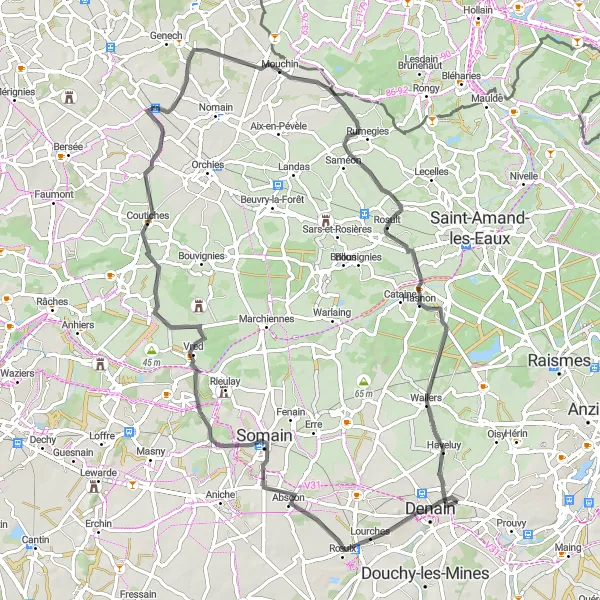 Miniature de la carte de l'inspiration cycliste "Parcours pittoresque au départ de Wavrechain-sous-Denain" dans la Nord-Pas de Calais, France. Générée par le planificateur d'itinéraire cycliste Tarmacs.app