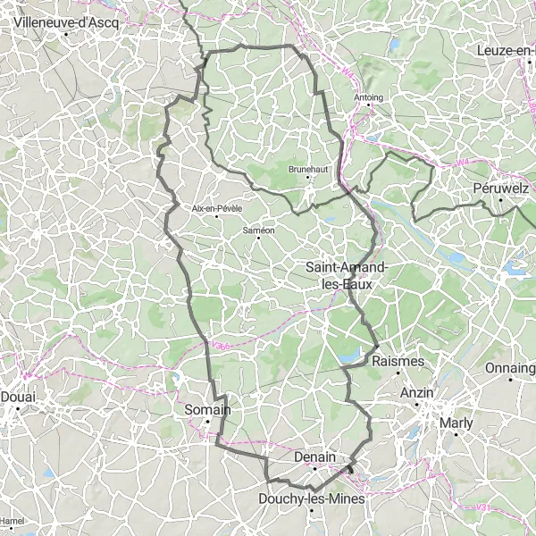 Miniature de la carte de l'inspiration cycliste "Parcours autour de Wavrechain-sous-Denain" dans la Nord-Pas de Calais, France. Générée par le planificateur d'itinéraire cycliste Tarmacs.app