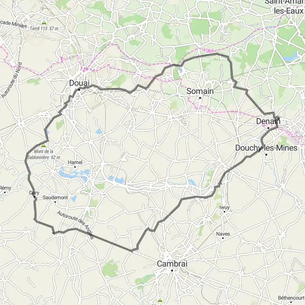 Map miniature of "Hordain Loop" cycling inspiration in Nord-Pas de Calais, France. Generated by Tarmacs.app cycling route planner