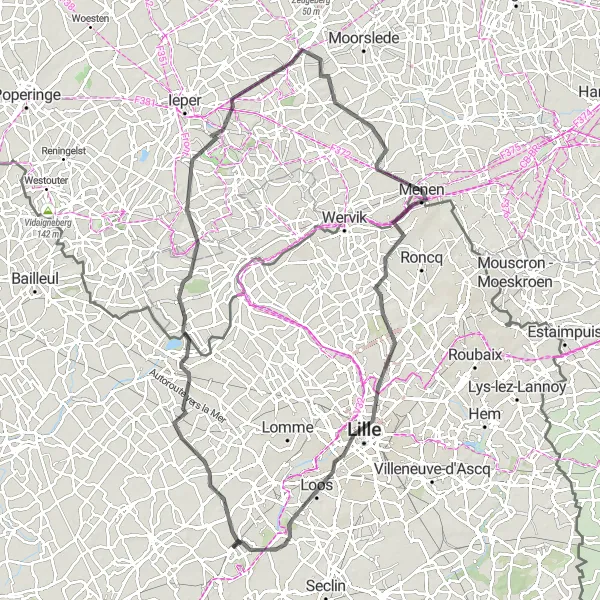 Map miniature of "Armentières and Lille Loop" cycling inspiration in Nord-Pas de Calais, France. Generated by Tarmacs.app cycling route planner