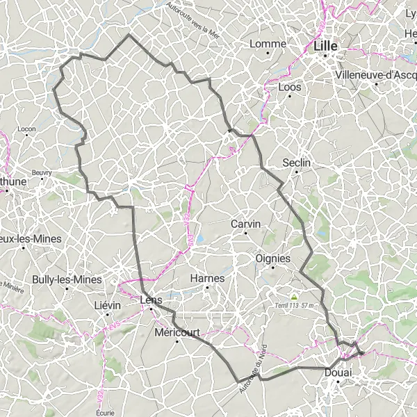 Map miniature of "Road Cycling Route near Waziers" cycling inspiration in Nord-Pas de Calais, France. Generated by Tarmacs.app cycling route planner