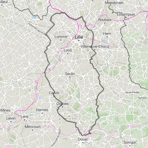 Map miniature of "Waziers to Râches" cycling inspiration in Nord-Pas de Calais, France. Generated by Tarmacs.app cycling route planner