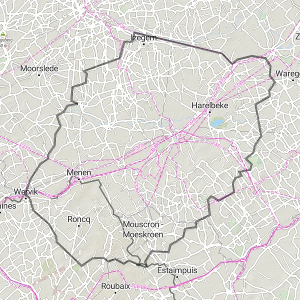 Miniature de la carte de l'inspiration cycliste "La boucle de Wervik" dans la Nord-Pas de Calais, France. Générée par le planificateur d'itinéraire cycliste Tarmacs.app