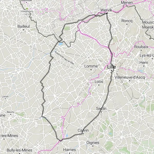 Map miniature of "Road Trip to Lille and Fleurbaix" cycling inspiration in Nord-Pas de Calais, France. Generated by Tarmacs.app cycling route planner