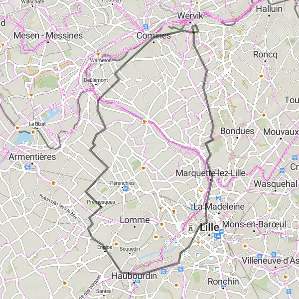 Miniature de la carte de l'inspiration cycliste "Le Tour des Vallées Verdoyantes" dans la Nord-Pas de Calais, France. Générée par le planificateur d'itinéraire cycliste Tarmacs.app