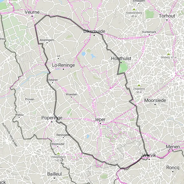 Miniature de la carte de l'inspiration cycliste "Circuit des Monts de Flandre" dans la Nord-Pas de Calais, France. Générée par le planificateur d'itinéraire cycliste Tarmacs.app