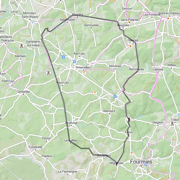 Miniature de la carte de l'inspiration cycliste "Escapade Champêtre" dans la Nord-Pas de Calais, France. Générée par le planificateur d'itinéraire cycliste Tarmacs.app
