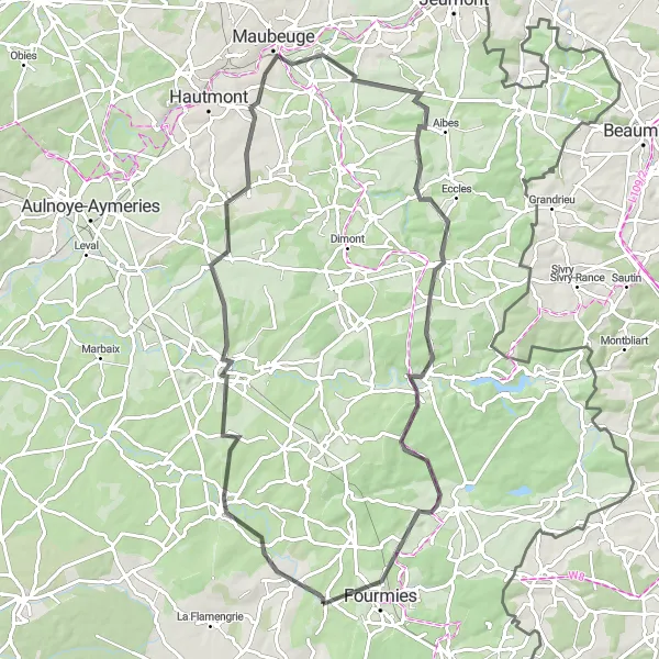Miniature de la carte de l'inspiration cycliste "Découverte des vallées de l'Helpe" dans la Nord-Pas de Calais, France. Générée par le planificateur d'itinéraire cycliste Tarmacs.app
