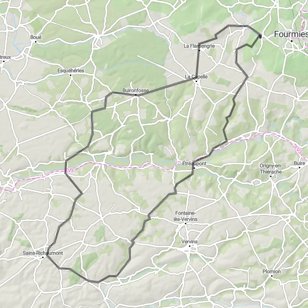 Miniature de la carte de l'inspiration cycliste "Exploration des vallées de l'Oise" dans la Nord-Pas de Calais, France. Générée par le planificateur d'itinéraire cycliste Tarmacs.app