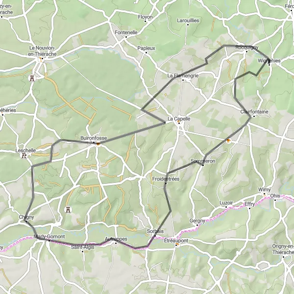 Map miniature of "The Picardy Challenge" cycling inspiration in Nord-Pas de Calais, France. Generated by Tarmacs.app cycling route planner